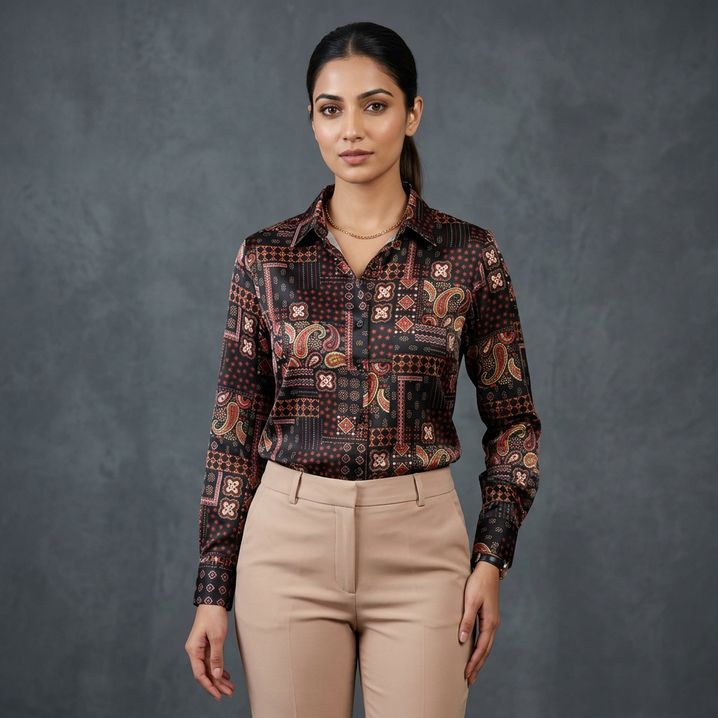 Premium Black Paisley Satin Shirt Red & Gold Print