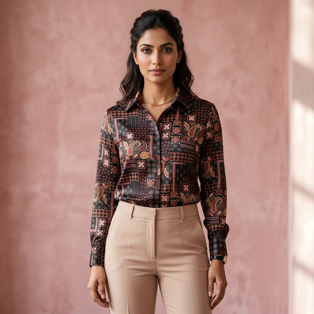 Premium Black Paisley Satin Shirt Red & Gold Print