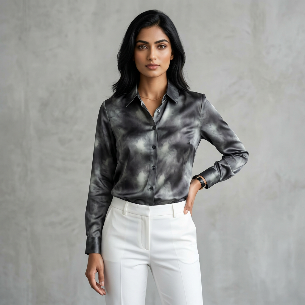 Premium Green Tie-Dye Satin Shirt Cloud Marble Print