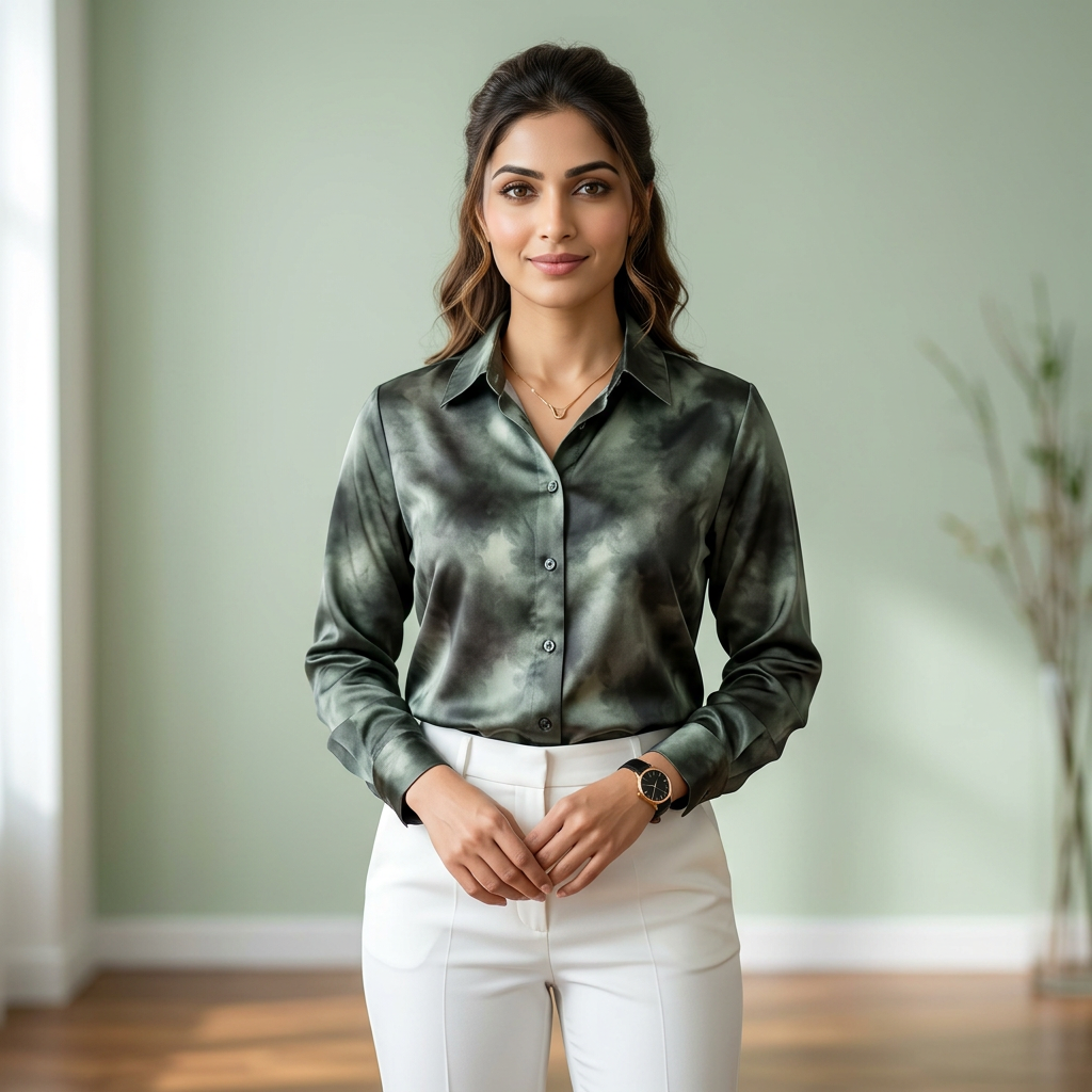 Premium Green Tie-Dye Satin Shirt Cloud Marble Print