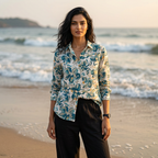 Premium Teal Green Floral Linen Shirt Casual Wear