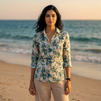 Premium Teal Green Floral Linen Shirt Casual Wear
