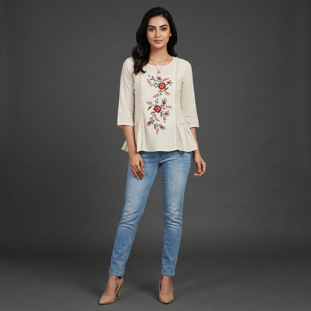Pure Cotton White Kurti With Embroidary
