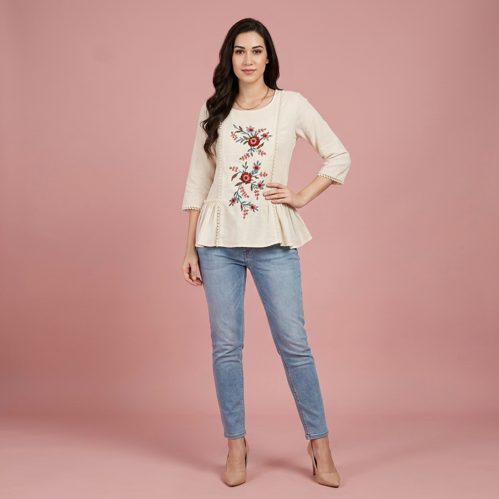 Pure Cotton White Kurti With Embroidary