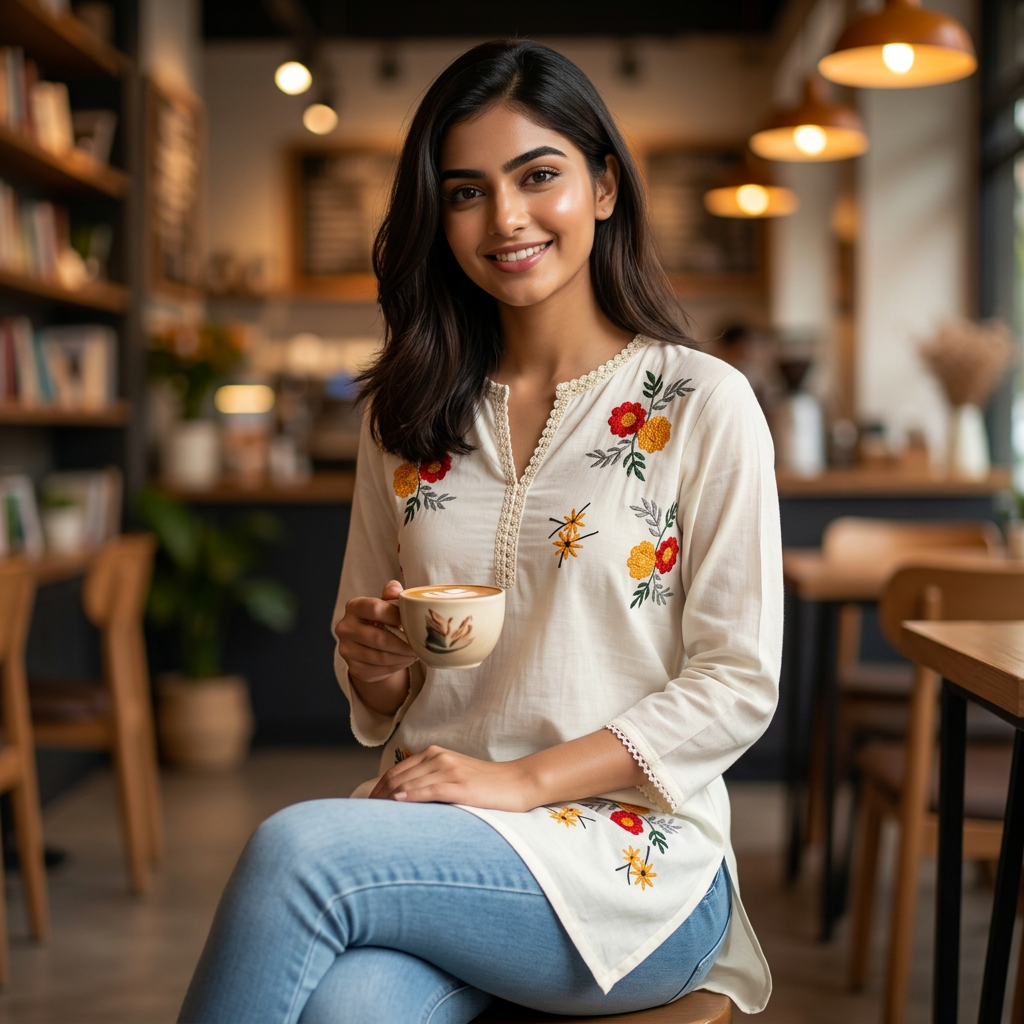 Pure Cotton White Kurti With Embroidary