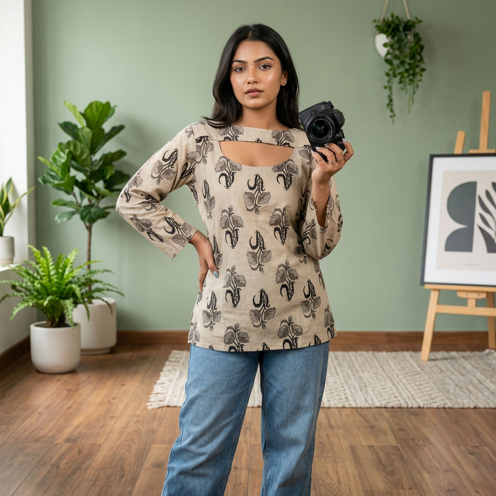 Premium Beige Printed Cotton Full-Sleeve Short Kurti