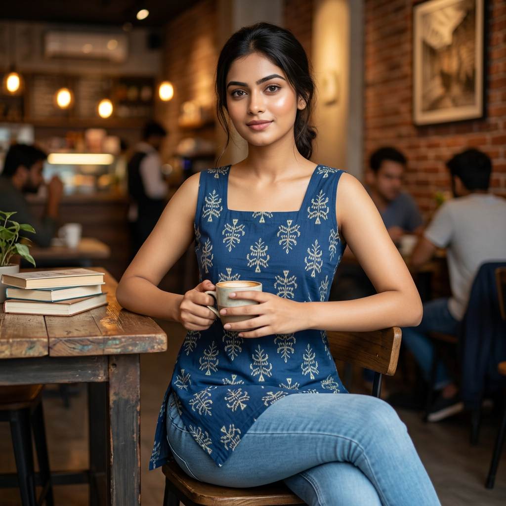 Premium Blue Printed Short Kurti - Square Neck Design with Side Slits
