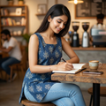 Premium Blue Printed Short Kurti - Square Neck Design with Side Slits