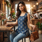 Premium Blue Printed Short Kurti - Square Neck Design with Side Slits