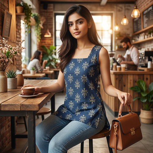 Premium Blue Printed Short Kurti - Square Neck Design with Side Slits