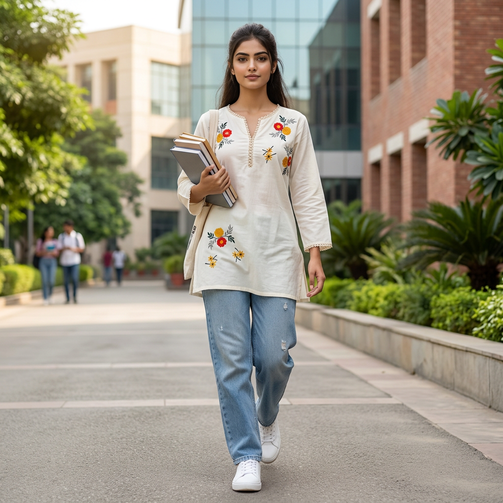 Pure Cotton White Kurti With Embroidary