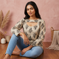 Premium Beige Printed Cotton Full-Sleeve Short Kurti