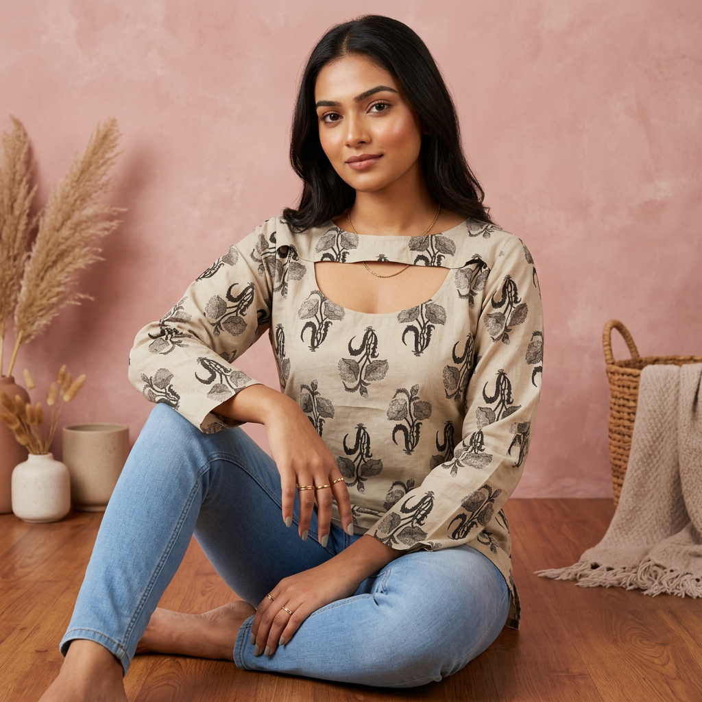 Premium Beige Printed Cotton Full-Sleeve Short Kurti
