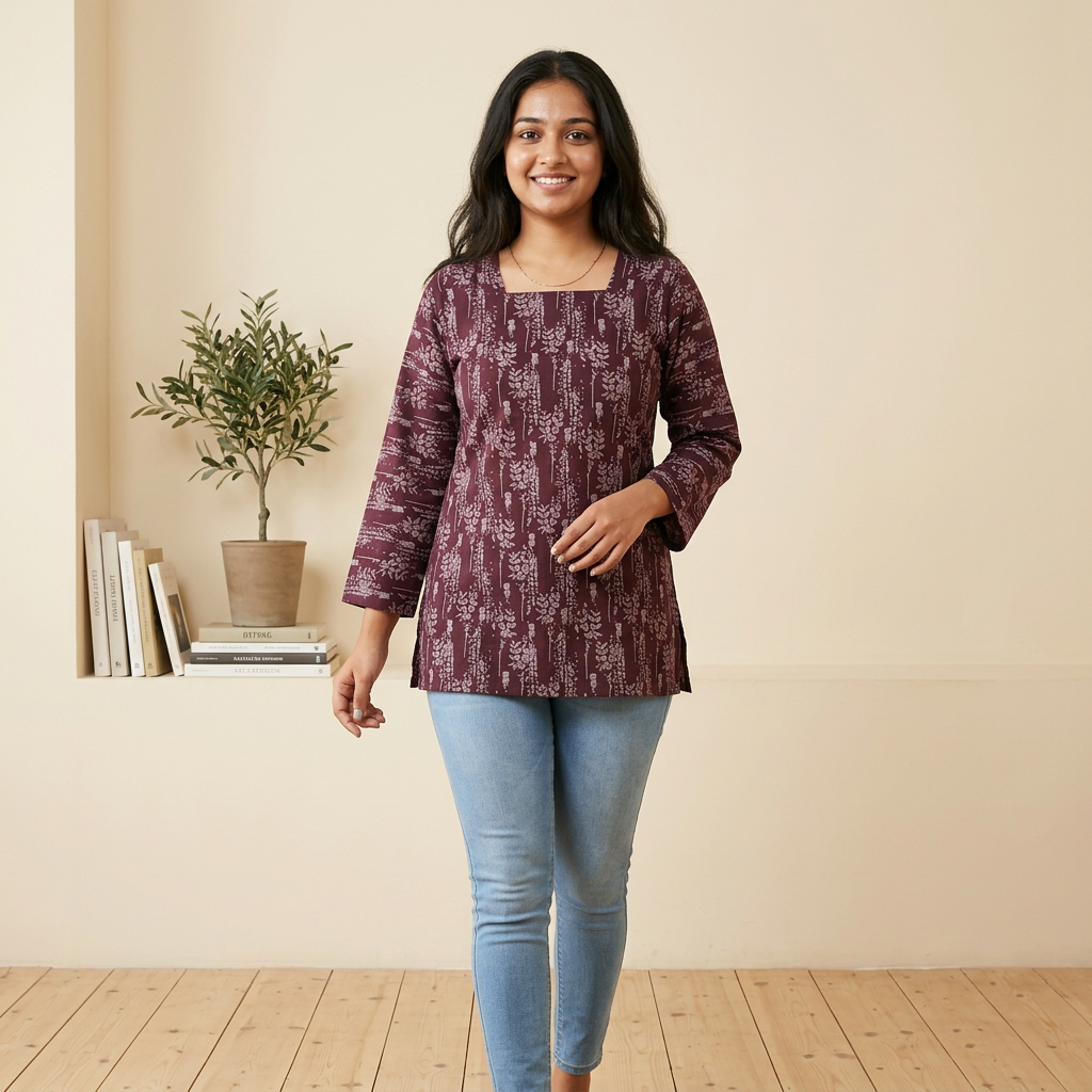 Premium Cotton Burgundy Printed Full-Sleeve Short Kurti