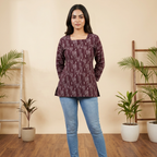 Premium Cotton Burgundy Printed Full-Sleeve Short Kurti