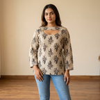 Premium Beige Printed Cotton Full-Sleeve Short Kurti
