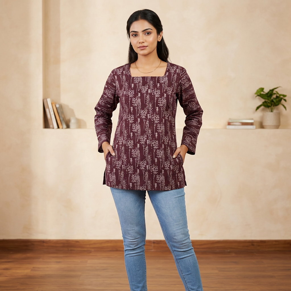 Premium Cotton Burgundy Printed Full-Sleeve Short Kurti