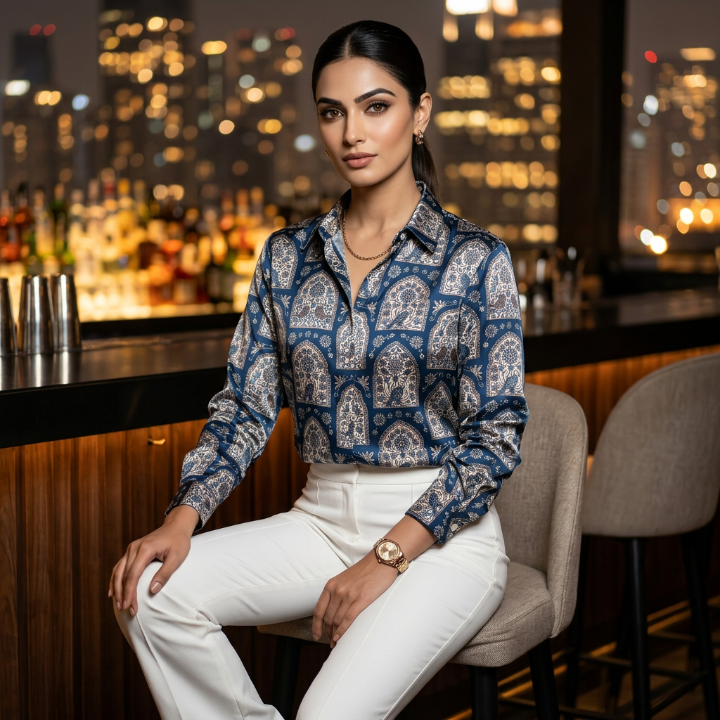 Premium Navy Mughal Arch Satin Shirt Luxe Party Wear