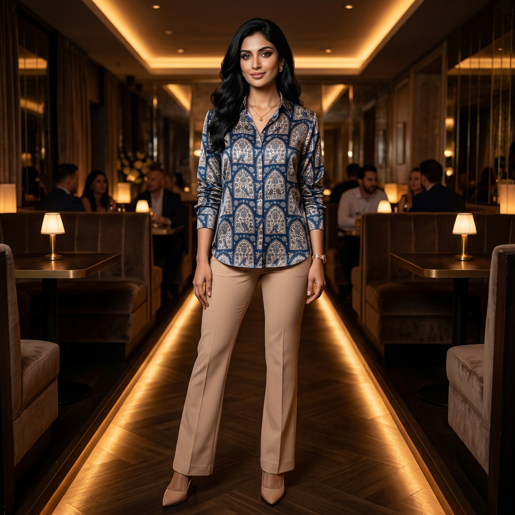 Premium Navy Mughal Arch Satin Shirt Luxe Party Wear