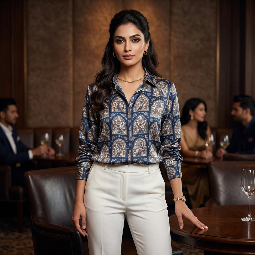 Premium Navy Mughal Arch Satin Shirt Luxe Party Wear