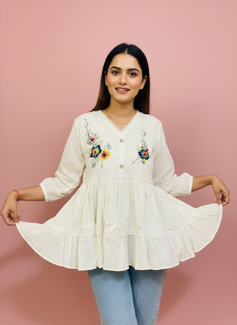 Pure Cotton White Kurti With Embroidary