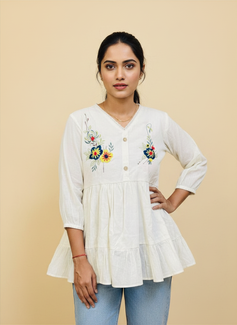 Pure Cotton White Kurti With Embroidary