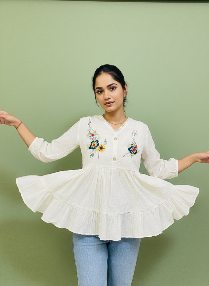 Pure Cotton White Kurti With Embroidary
