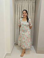 Kota Cotton A-Line Midi Frock - Pastel Green Floral
