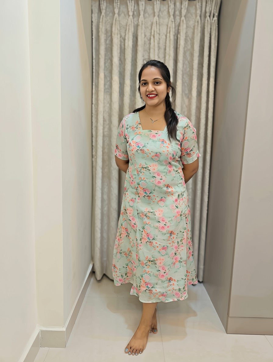 Kota Cotton A-Line Midi Frock - Pastel Green Floral