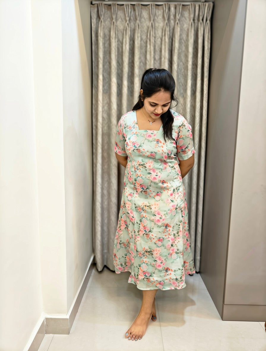 Kota Cotton A-Line Midi Frock - Pastel Green Floral