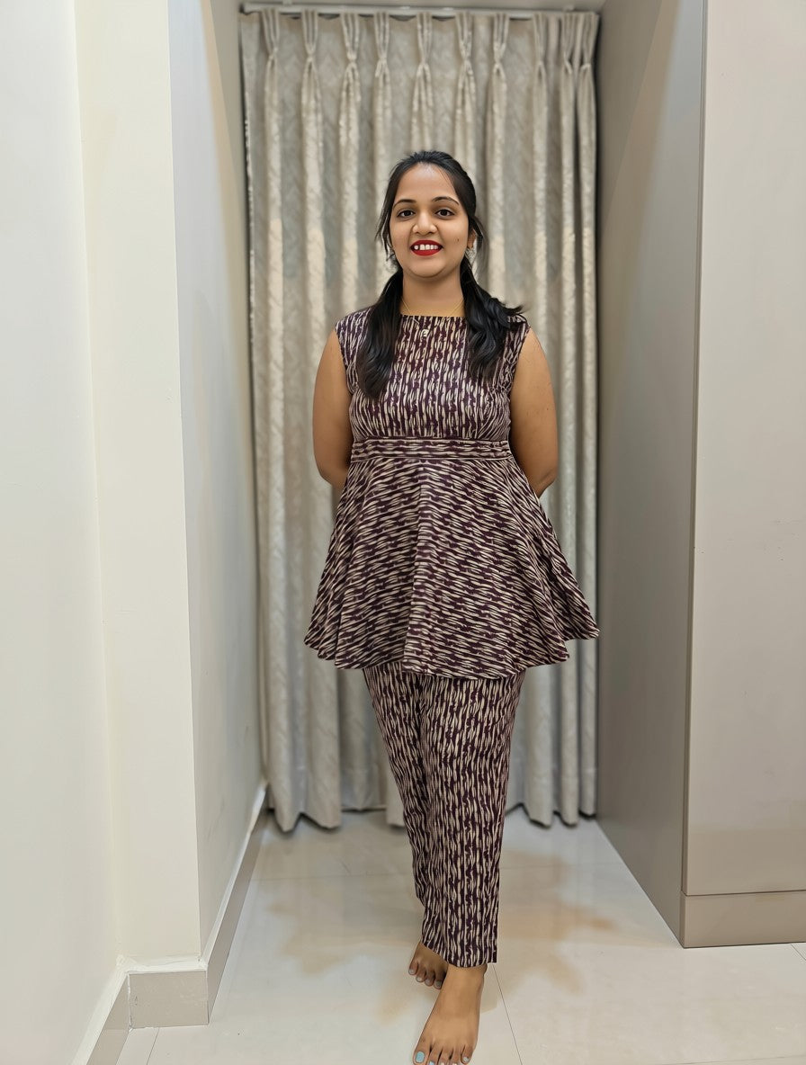 Pure Cotton Peplum Co-ord Set - Wine Red Geometric Print