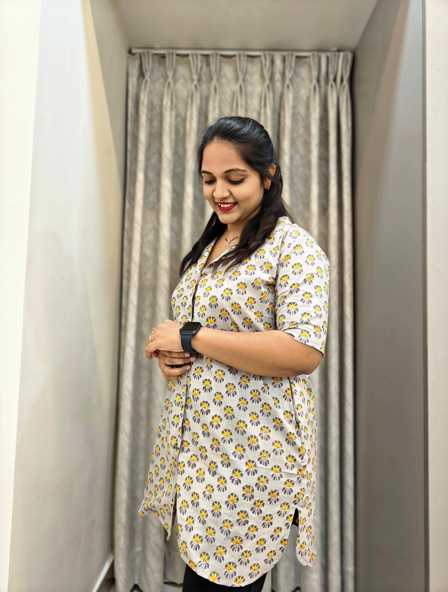 Handblock Floral Print Cotton Shirt - Grey