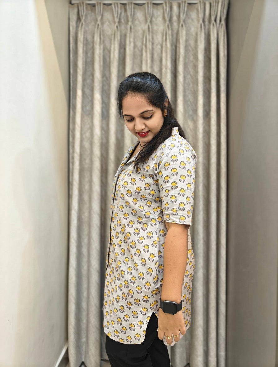 Handblock Floral Print Cotton Shirt - Grey