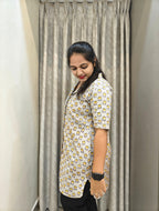 Handblock Floral Print Cotton Shirt - Grey