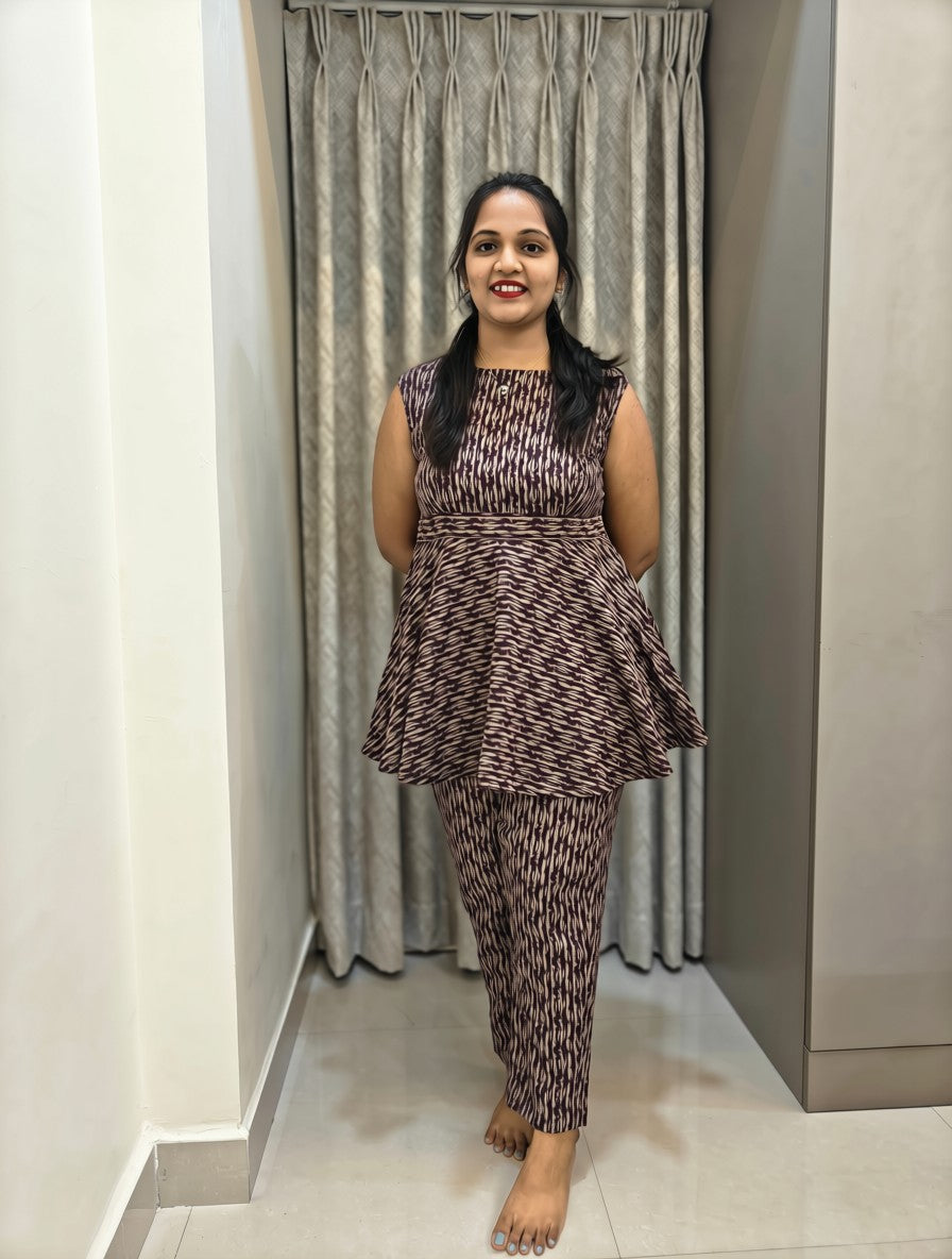 Pure Cotton Peplum Co-ord Set - Wine Red Geometric Print