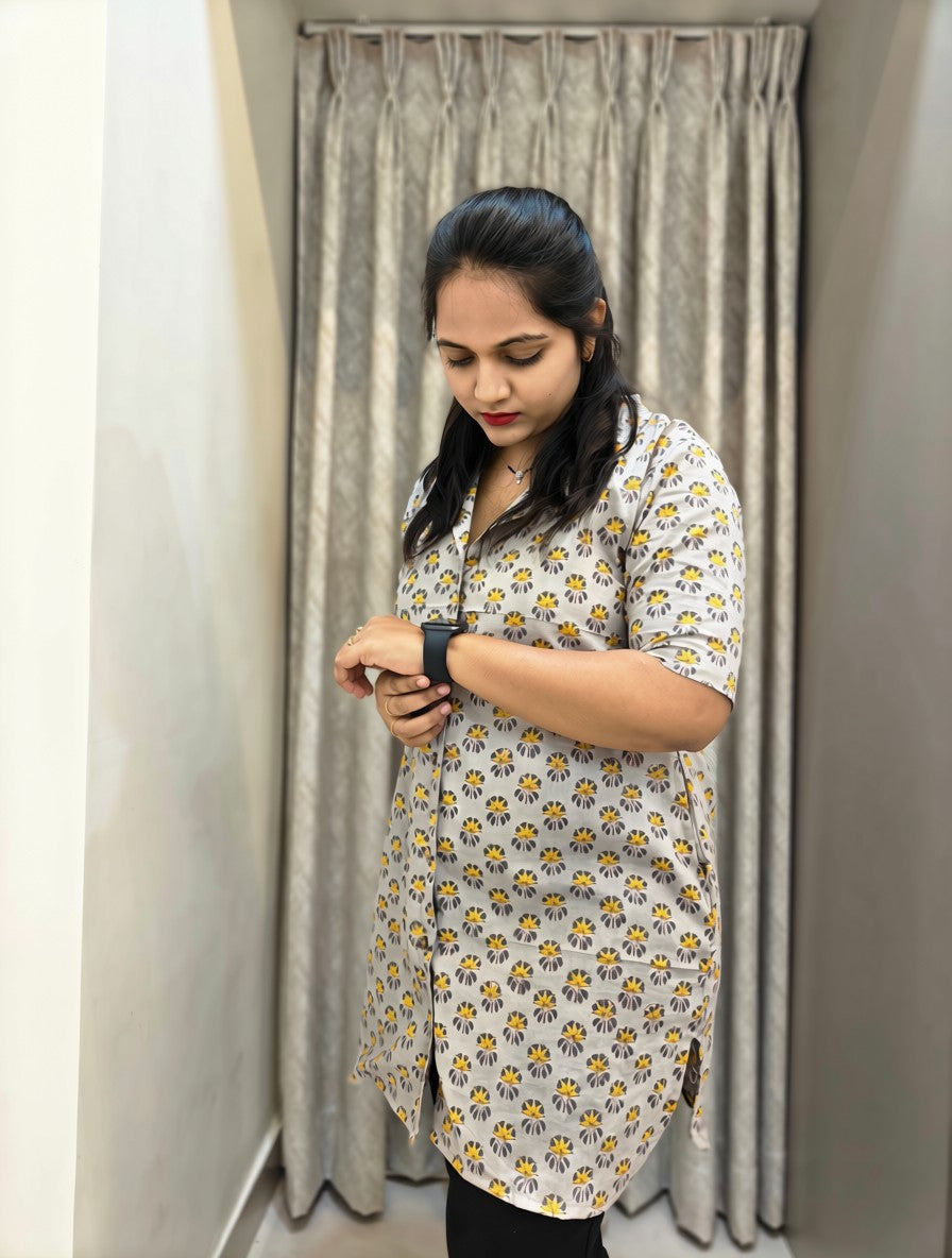 Handblock Floral Print Cotton Shirt - Grey