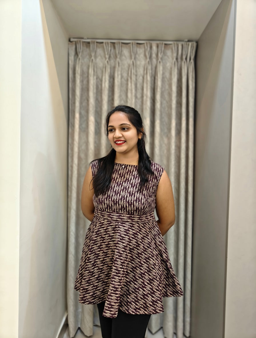 Pure Cotton Peplum Co-ord Set - Wine Red Geometric Print