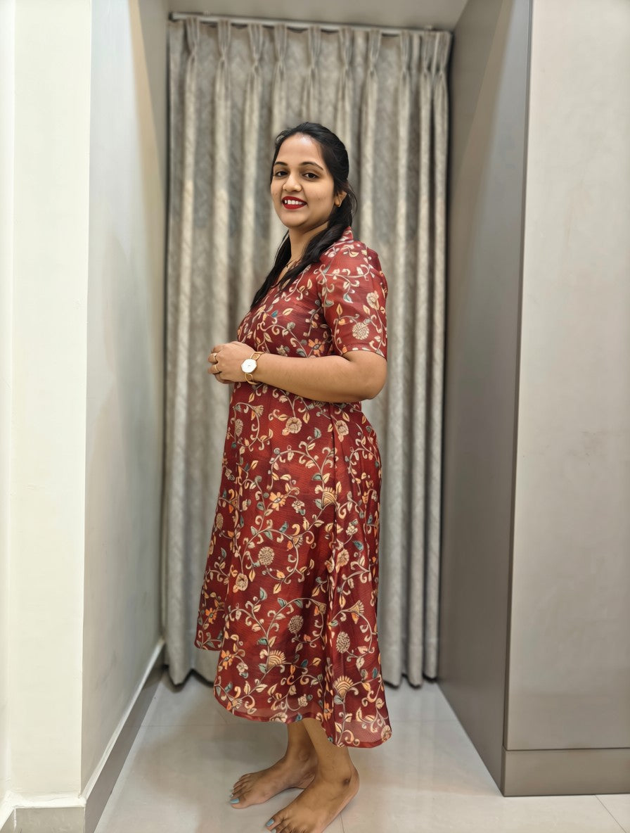Kota Cotton A-Line Midi Frock - Rust Floral Print