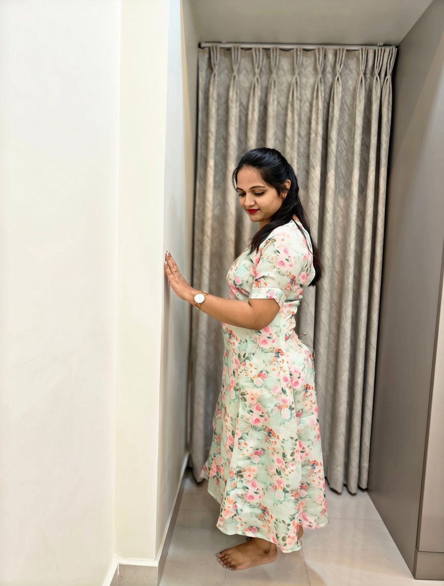 Kota Cotton A-Line Midi Frock - Pastel Green Floral