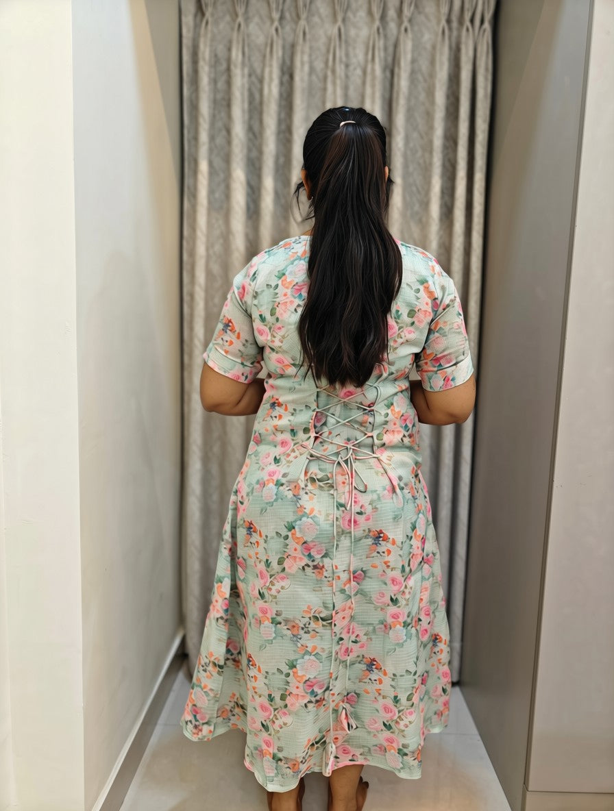 Kota Cotton A-Line Midi Frock - Pastel Green Floral