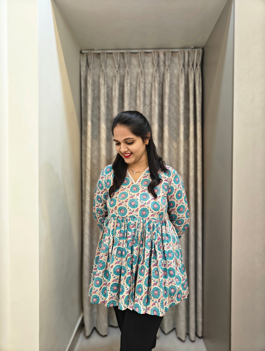 Handblock Print Cotton Peplum Top - Turquoise & Coral Floral