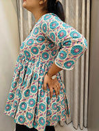 Handblock Print Cotton Peplum Top - Turquoise & Coral Floral