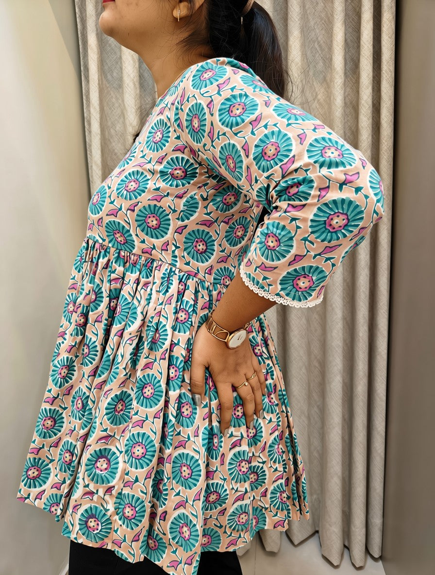 Handblock Print Cotton Peplum Top - Turquoise & Coral Floral