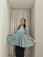 Handblock Print Cotton Peplum Top - Turquoise & Coral Floral