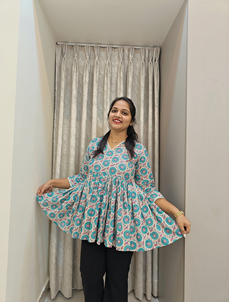 Handblock Print Cotton Peplum Top - Turquoise & Coral Floral