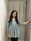 Handblock Print Cotton Peplum Top - Turquoise & Coral Floral