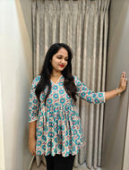 Handblock Print Cotton Peplum Top - Turquoise & Coral Floral