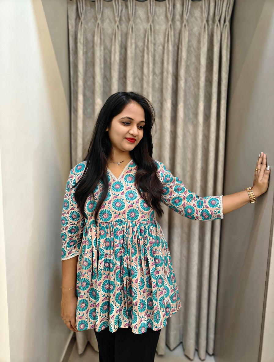 Handblock Print Cotton Peplum Top - Turquoise & Coral Floral