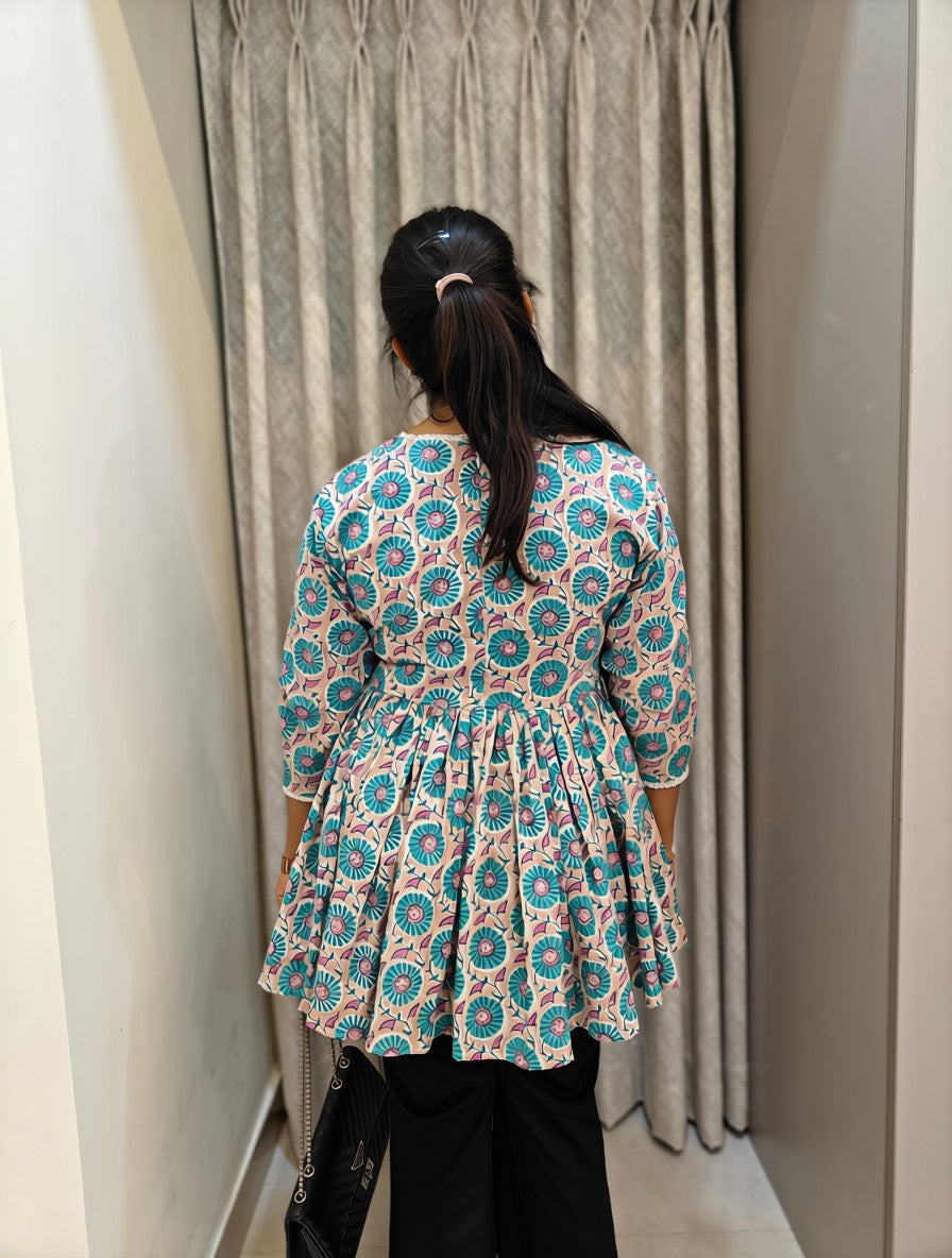 Handblock Print Cotton Peplum Top - Turquoise & Coral Floral