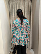 Handblock Print Cotton Peplum Top - Turquoise & Coral Floral